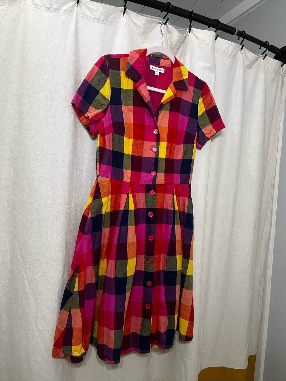 Plaid Button-Front Midi Dress in Pink, Yellow & Black